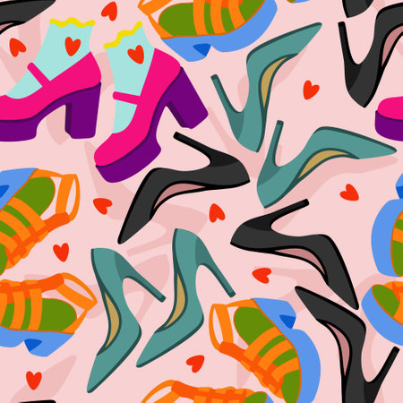 Vector seamless pattern with colorful woman's shoes on light pink background.のイラスト素材