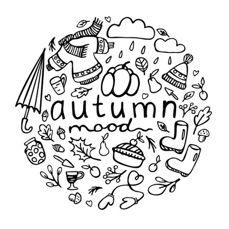 Autumn. Vector doodle monochrome illustration with lettering in a circle. autumn mood. isolated on white background.のイラスト素材