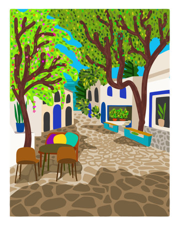 Street in a small southern town near the sea. Greek landscape. vector illustration.のイラスト素材
