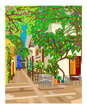 Greece. Street in a small southern town near the sea. Flowering trees. Greek landscape. vector illustration.のイラスト素材