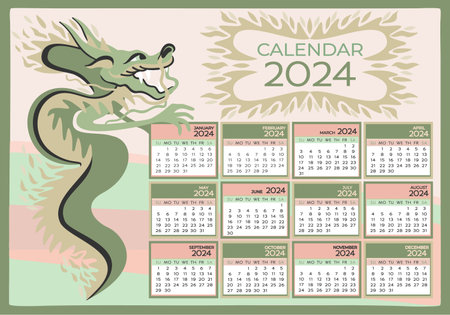 A4 calendar 2024. Chinese Year of Green Wooden Dragon. Week starts on Sunday. vector illustration.のイラスト素材