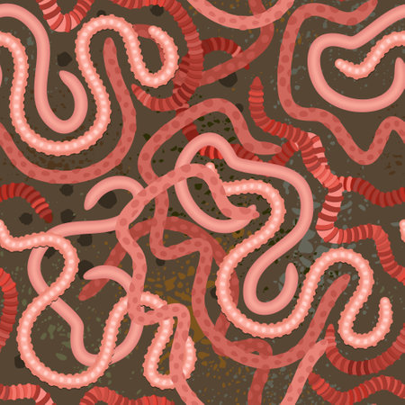 Vector seamless pattern with pink earthworms on dark soil background.のイラスト素材