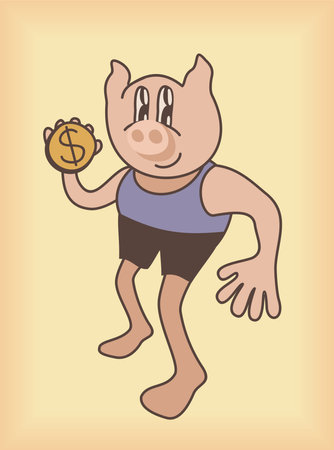 Pig with dollar coin. retro cartoon vector illustration. Money box concept.のイラスト素材