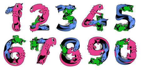 Numbers in cute childish style. Vector isolated colorful lettering with animals.のイラスト素材