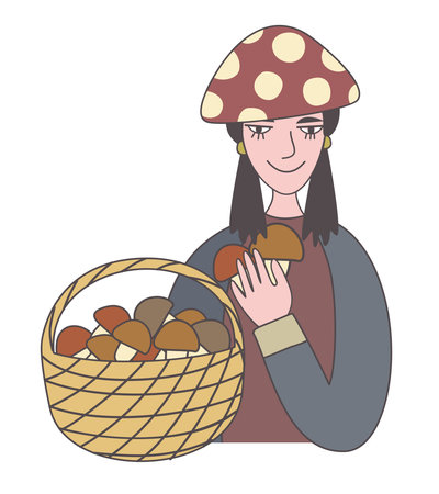 Young woman with a basket of mushrooms. Vector isolated illustration.のイラスト素材
