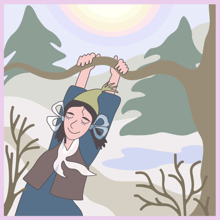 Little girl on the tree. Spring landscape. Vector illustration.のイラスト素材