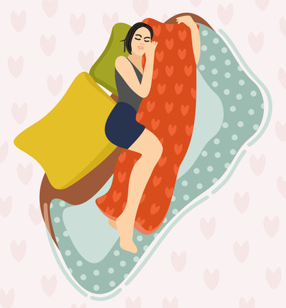 Dakimakura. Sleeping woman hugging pillow. Comfortable sleep concept. Vector illustration.のイラスト素材