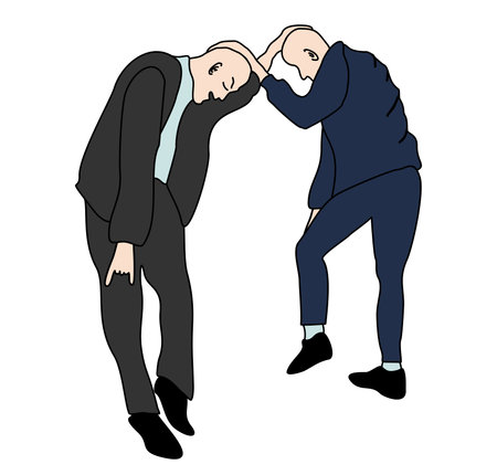 Gabbers dancing hakkuh dance. gabba style. Men with shaved head in sweatpants and sneakers. Youth subculture comes from the 80-90s. Vector isolated illustration.のイラスト素材