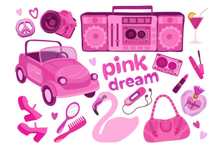 Pink trendy collection. Pink color dream. Glamorous set for woman in fashionable color. Vector isolated illustration. pinkcore.のイラスト素材