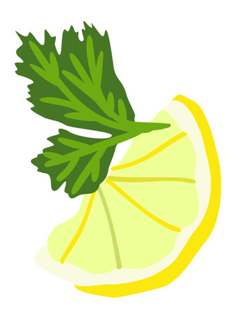 Slice of lemon with leaf of parsley. Vector isolated illustration.のイラスト素材