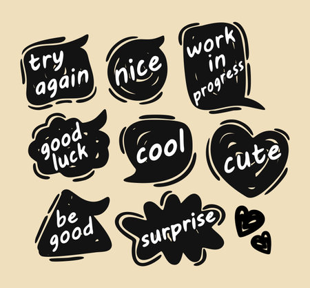 Monochrome set of speech bubbles with dialog words. Vector isolated illustration. Try again, nice, work in progress, good luck, cool, cute, be good, surprise. Motivational words.のイラスト素材