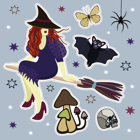 Magic sticker set. Young witch, bat, butterfly, spider, toxic mushrooms and skull surrounded with stars.のイラスト素材