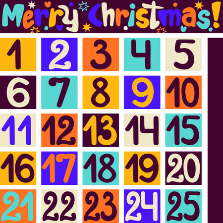 Advent calendar with bright Christmas decoration. Countdown to Christmas with numbers. Xmas numbers.のイラスト素材