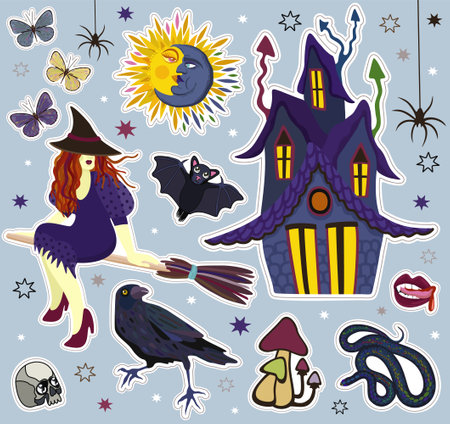 Vector witchcraft set. Sticker collection. Young witch sitting in bromstick, her house, bat, butterflies, sun and crescent, raven, snake, toxic mushrooms, skull, vampire's mouth suのイラスト素材