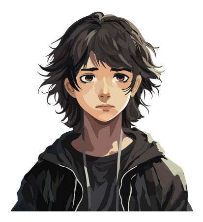 Sad young anime boy in black outfit. Vector isolated illustration.のイラスト素材