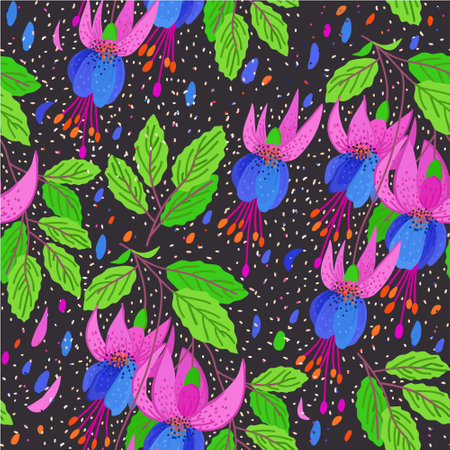 Vector seamless decorative floral pattern with fichsia on dark gray background.のイラスト素材