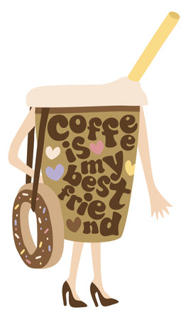Coffee is my best friend. Coffee mug donut. Cute vector isolated illustration with lettering.のイラスト素材