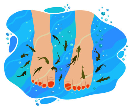 Fish spa. Pedicure wellness care treatment with rufa garra. Woman's legs with red pedicure in water with small fishes. Vector isolated illustration.のイラスト素材