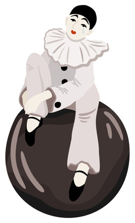 Pierrot. Sad clown sitting on ball. Vector isolated illustration.のイラスト素材