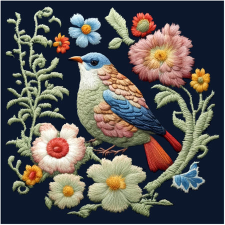 Vector traditional hungarian embroidery. Bright floral ornament with bird on dark background.のイラスト素材