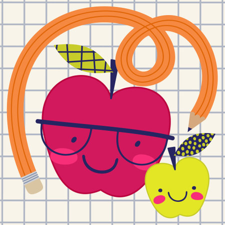 Best teacher ever. Two apples and pencil on squared sheet of paper. Cute vector illustration.のイラスト素材