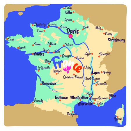 Map of France with cities. Bright vector illustration.のイラスト素材