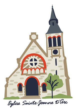 Church of Saint Joan of Arc. French church. Region Nord-Pas-de-Calais, north of France. Vector isolated illustration with lettering.のイラスト素材