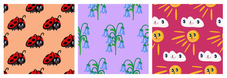 Cute childish vector seamless pattern set with ladybirds, bell flowers and sun with cloudsのイラスト素材