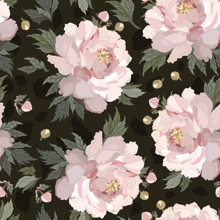 Vector floral seamless pattern with soft pink peonies on dark green background.のイラスト素材