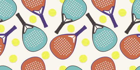 Padel tennis. Padel rackets and tennis balls. Vector seamless patternのイラスト素材