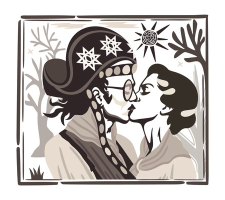 Lampiao and Maria Bonita. Bandits, folk heroes of Brazil. Kissing couple. Brazilian cordel style. Northeast woodcut styleのイラスト素材