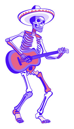 Skeleton in sombrero playing guitar. Funny vector isolated illustration. Day of the Dead concept. Bright lilac and pink colorsのイラスト素材