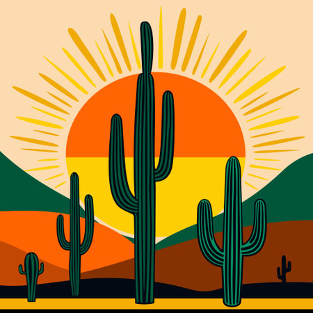 Brazilian sertÃ£o, picturesque scenery with cactus, mountains and blazing sun. Colorful vector illustration.のイラスト素材