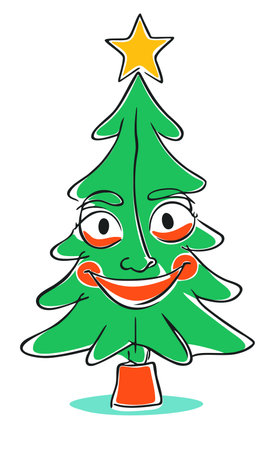 Cute smiling christmas tree with shiny star on top. Vector isolated illustration.のイラスト素材