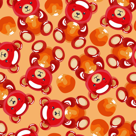 Vector seamless pattern with bright red honey gummy bears on light orange background.のイラスト素材