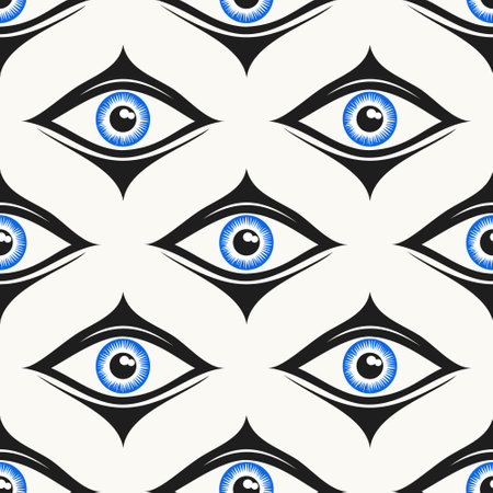 Evil eye vector seamless pattern on white background. Traditional protection amulet, blue eyes print textureのイラスト素材