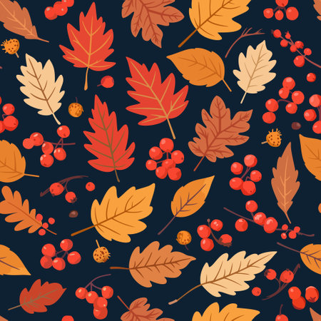 Vector seamless pattern with bright autumn leaves and berries on dark blue background.のイラスト素材