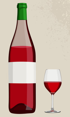 Wine bottle and glass of red wine. Vector illustration isolated on light beige backgroundのイラスト素材