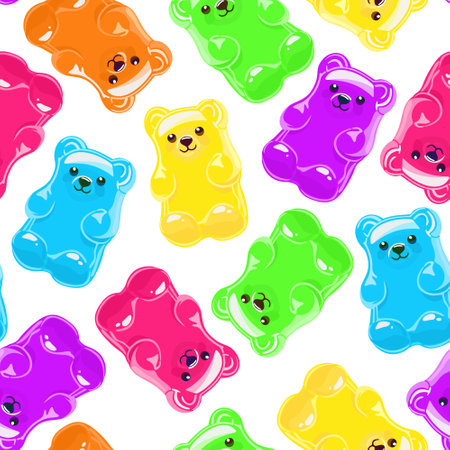 Vector seamless pattern with bright gummy bears on white backgroundのイラスト素材