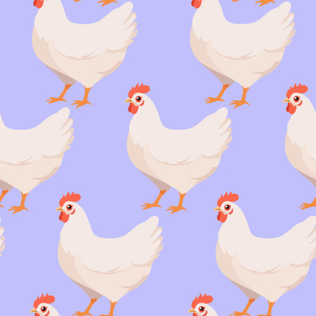 Vector seamless pattern with white hens on light lilac background.のイラスト素材