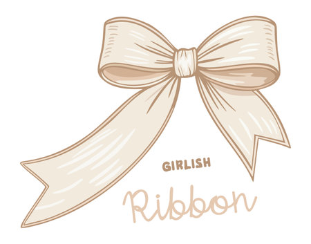 Girlish ribbon. Beige bow. Vector isolated illustration with lettering.のイラスト素材