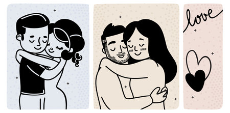 Cute couples hugging. Vector doodle set with lettering. Happy Valentine's Day!のイラスト素材