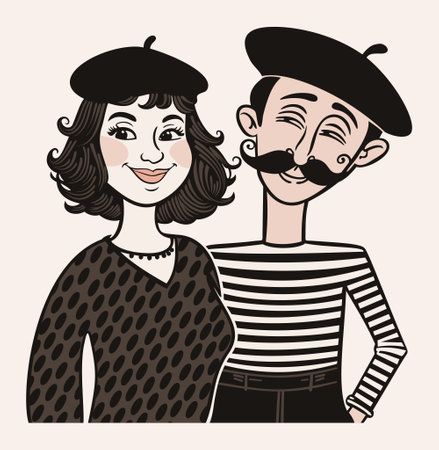 Cute French couple in berets. Vector isolated illustration.のイラスト素材