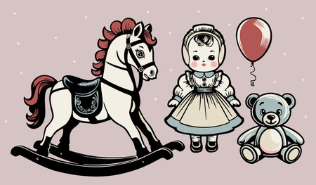 Retro toys collection. Rocking horse, porcelain doll and teddy bear.のイラスト素材