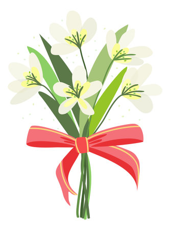 Bouquet of spring flowers decorated with red bow. Vector isolated illustration.のイラスト素材