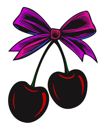 Cherries on bow. Vector woodcut isolated illustration.のイラスト素材