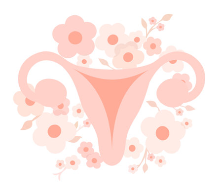 Uterus. Female reproductive system surrounded with flowers. Vector isolated illustration. Soft pink color.のイラスト素材