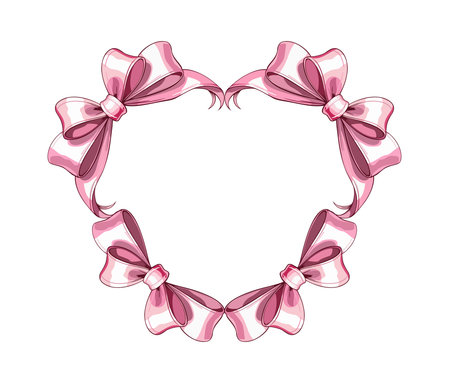 Coquette pink heart-shaped frame made from curly bows. Vector isolated illustration.のイラスト素材