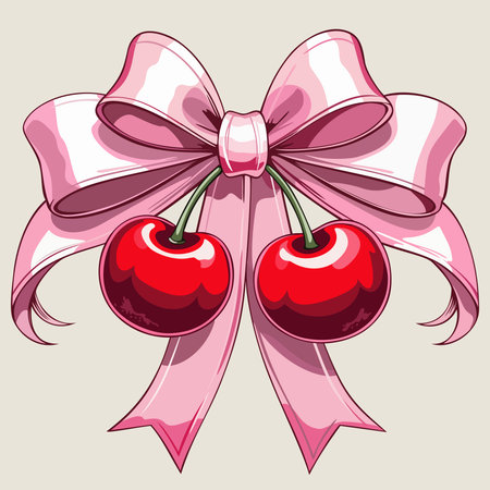 Two cherries on curly pink decorative bow. Vector isolated illustration.のイラスト素材