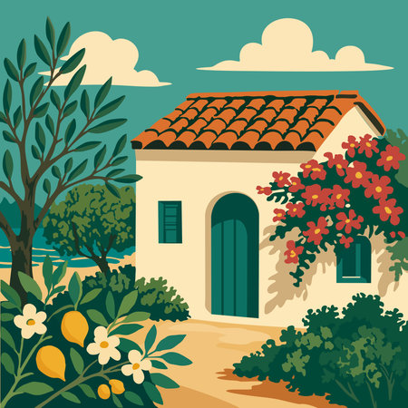 Traditional Greek house surrounded by garden with olive trees, lemon blossoms, and bougainvillea. Vector illustration in retro style.のイラスト素材